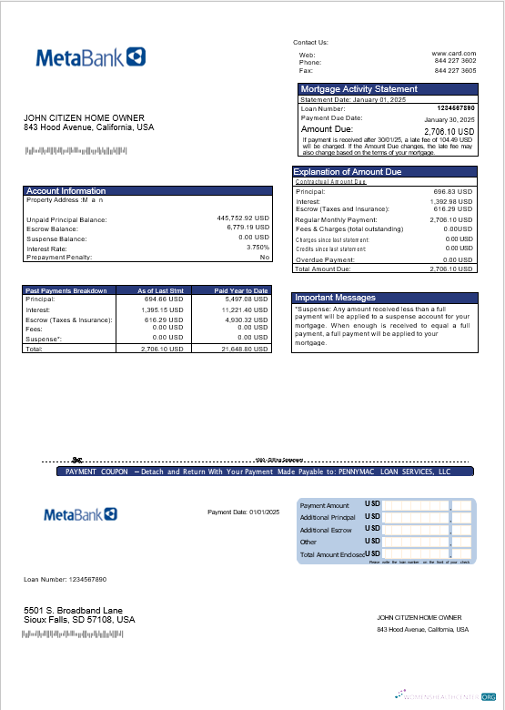 Download USA Meta Bank card mortgage statement in Word and PDF formats Photoshop template